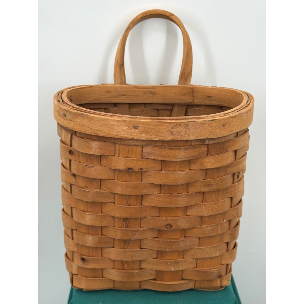 Vtg Longaberger Woven Wood Splint Hanging Wall Basket Pocket Farmhouse Decor